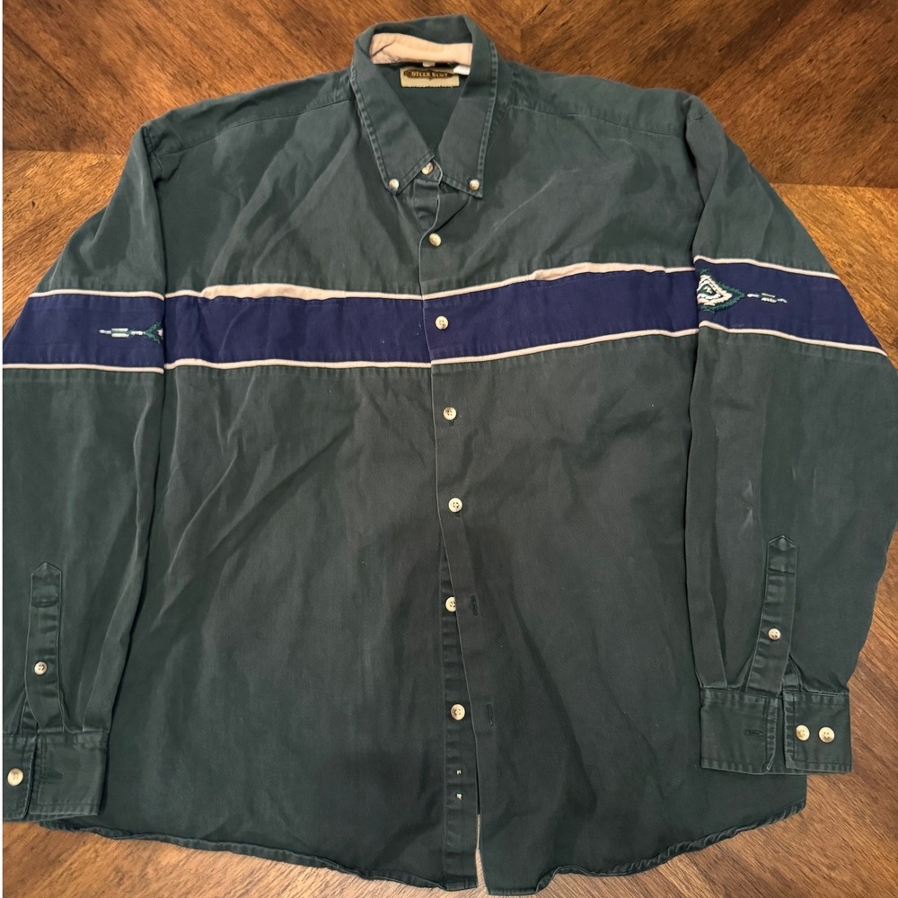 VTG Steer West Men Green Blue Striped Long Sleeve Button Down Casual Shirt L |E1
